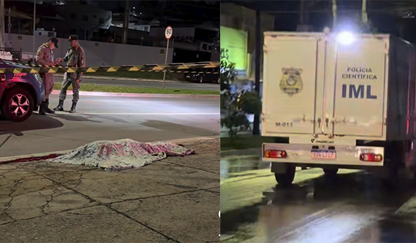 Imagem corpo caído no chão coberto, ao lado carro do Instituto médico legal