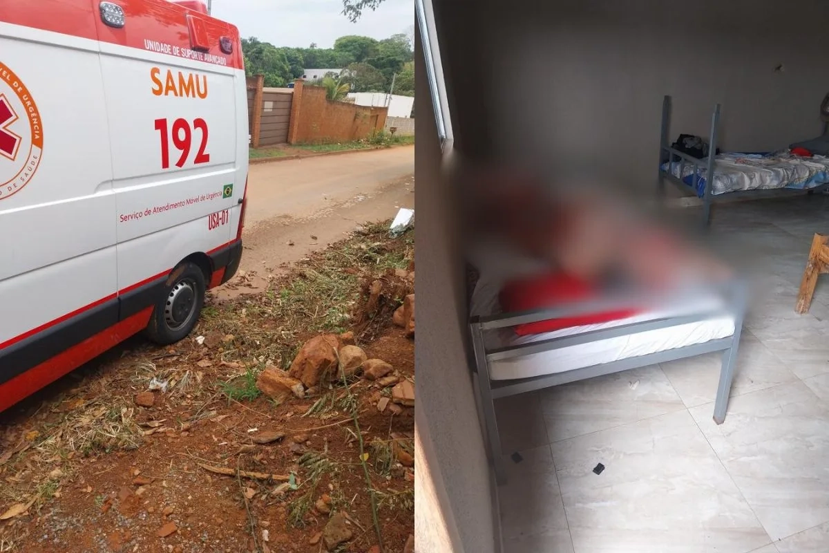 Imagem ambulância e outra desfocada com pessoas na cama