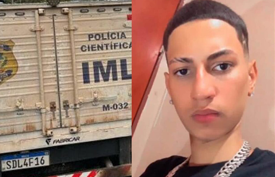 Imagem carro IML e jovem de camisa preta ele não está sorrindo