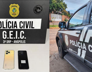 Imagem dois celulares ao fundo logotipo policia civil e ao lado viatura de policia civil