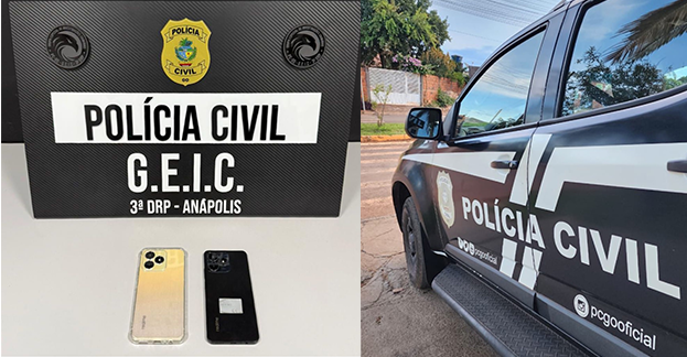 Imagem dois celulares ao fundo logotipo policia civil e ao lado viatura de policia civil