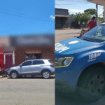 Imagem desfocada frente de loja, ao lado viatura da Policia Militar