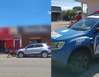 Imagem desfocada frente de loja, ao lado viatura da Policia Militar