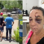 Imagem homem sendo conduzido e mulher agredida