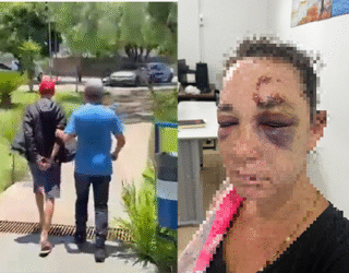 Imagem homem sendo conduzido e mulher agredida