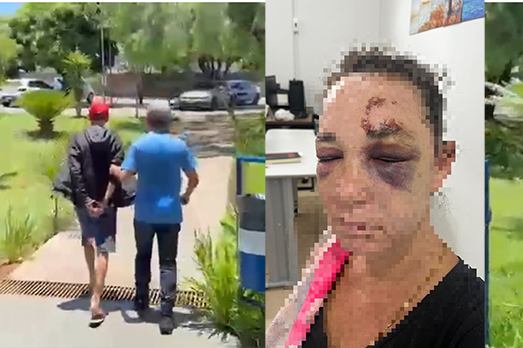 Imagem homem sendo conduzido e mulher agredida