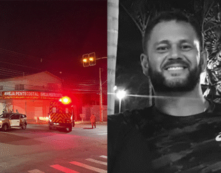 Imagem ambulância e carro de policia ao lado homem de camisa preta sorrindo