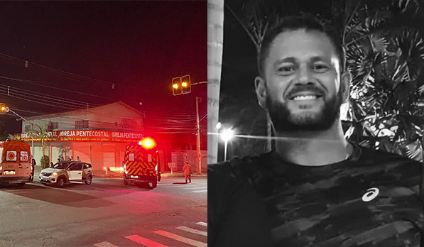 Imagem ambulância e carro de policia ao lado homem de camisa preta sorrindo