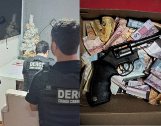 Imagem dividida, policiais civis em uma casa e um revolver em cima de notas de dinheiro