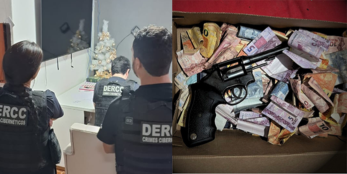 Imagem dividida, policiais civis em uma casa e um revolver em cima de notas de dinheiro