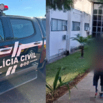 Imagem viatura policia e homem sendo levado preso