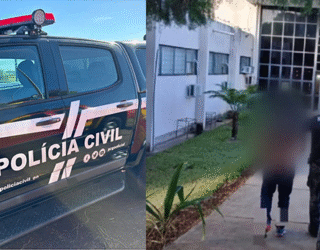 Imagem viatura policia e homem sendo levado preso