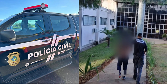 Imagem viatura policia e homem sendo levado preso