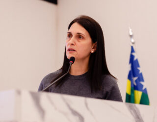 Imagem mulher cabelos longos falando ao microfone