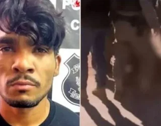 Imagem homem de bigode e camisa preta ao lado imagem desfocado policiais e homem caído no chão
