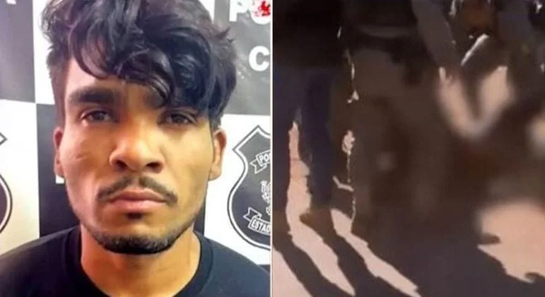 Imagem homem de bigode e camisa preta ao lado imagem desfocado policiais e homem caído no chão