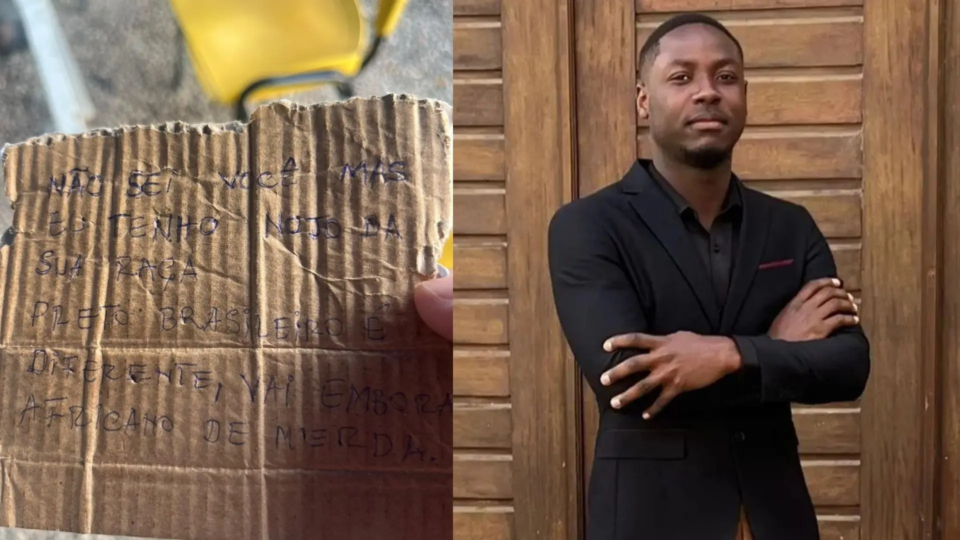 Imagem bilhete escrito em papelão ao lado homem e camisa preta de braços cruzados