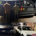 Imagem dois homens presos e veiculo da CPE e outro veiculo branco