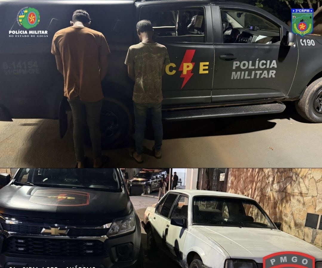Imagem dois homens presos e veiculo da CPE e outro veiculo branco