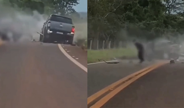 Imagem desfocada carro na rodovia com muita fumaça