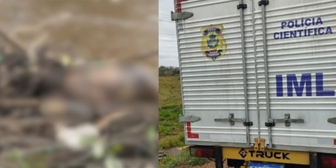 Imagem desfocada corpo no chão e ao lado veiculo do IML