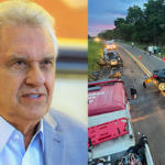 Imagem homem sério ao lado imagem acidente em rodovia