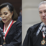 Imagem mulher e homem de toga preta ao microfone