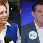 Imagem mulher sorridente e homem segurando microfone