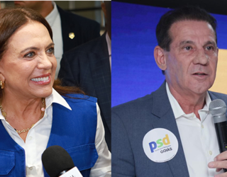 Imagem mulher sorridente e homem segurando microfone