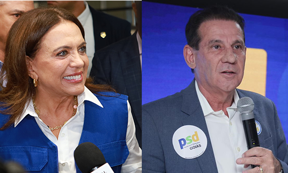 Imagem mulher sorridente e homem segurando microfone