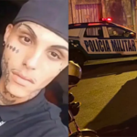 Imagem jovem com boné para traz e rosto tatuado ao lado viatura da policia militar e do IML