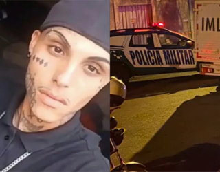 Imagem jovem com boné para traz e rosto tatuado ao lado viatura da policia militar e do IML