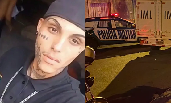 Imagem jovem com boné para traz e rosto tatuado ao lado viatura da policia militar e do IML