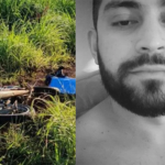 Imagem moto caiada no mato ao lado homem de barba e bigo