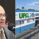 Imagem homem de terno ao lado fachada da UPA