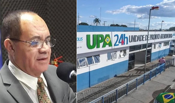 Imagem homem de terno ao lado fachada da UPA