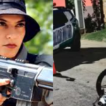 Imagem polcial segurando arma longa ao lado moto caída e viatura