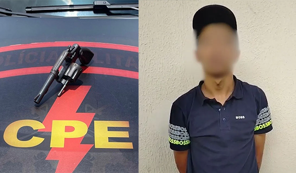 Imagem arma em cima de símbolo da CPE e homem de boné foto desfocada no rosto