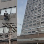 Imagem trabalhador suspense limpando prédio