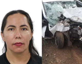 Imagem mulher blusa preta e batom vermelho ao lado carro destruido
