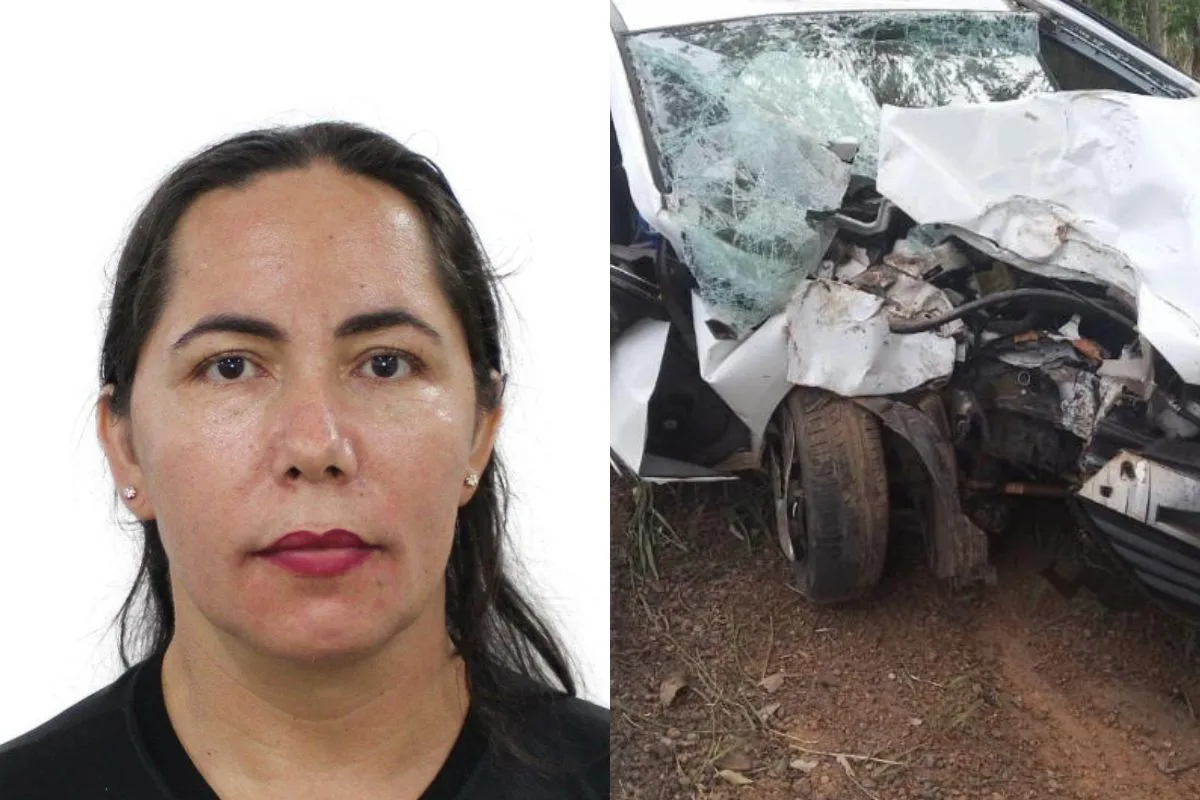 Imagem mulher blusa preta e batom vermelho ao lado carro destruido