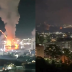 Imagem bombas e fogo em prédios de cidade