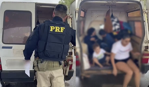 Imagem desfocada pessoas dentro de compartimento de cargas de veiculo