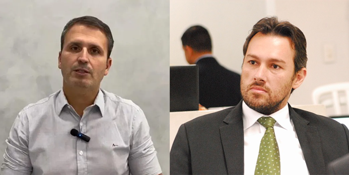 Imagem dois homens primeiro de camisa branca e o segundo de terno preto e gravata verde