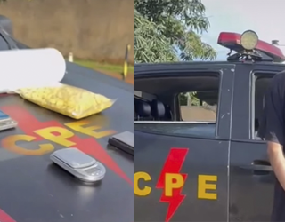 Imagem entorpedcentes em cima de capô de viatura e homem preso