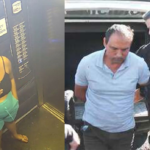 Imagem mulher dentro de elevador, ao lado homem preso por policiais