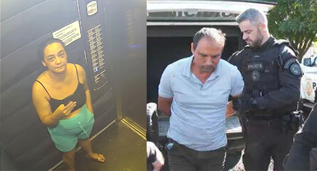 Imagem mulher dentro de elevador, ao lado homem preso por policiais