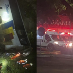 Imagem ônibus caído e viatura bombeiros