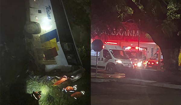 Imagem ônibus caído e viatura bombeiros