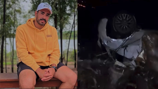 Imagem homem de boné e blusa amarela ao lado carro destruído após acidente